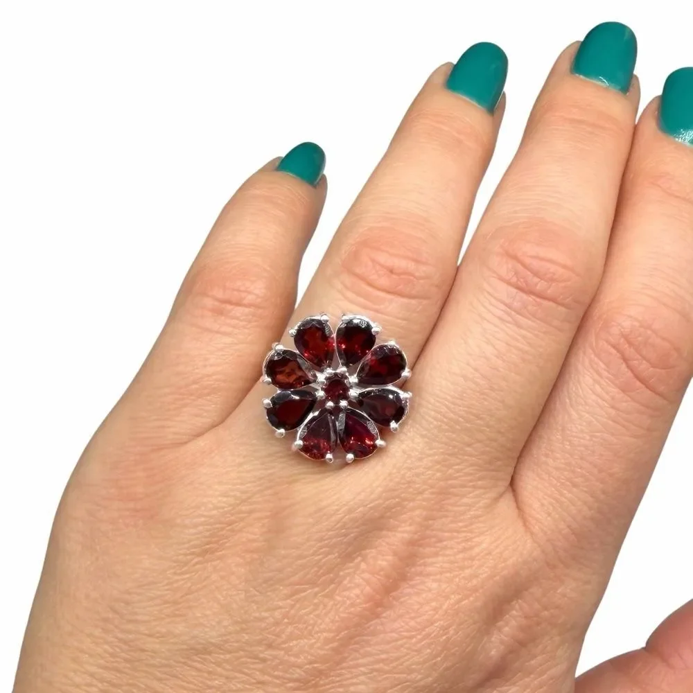 Garnet Ring Size 10 Flower Shaped Solid 925 Sterling Silver Daisy Multi Stone